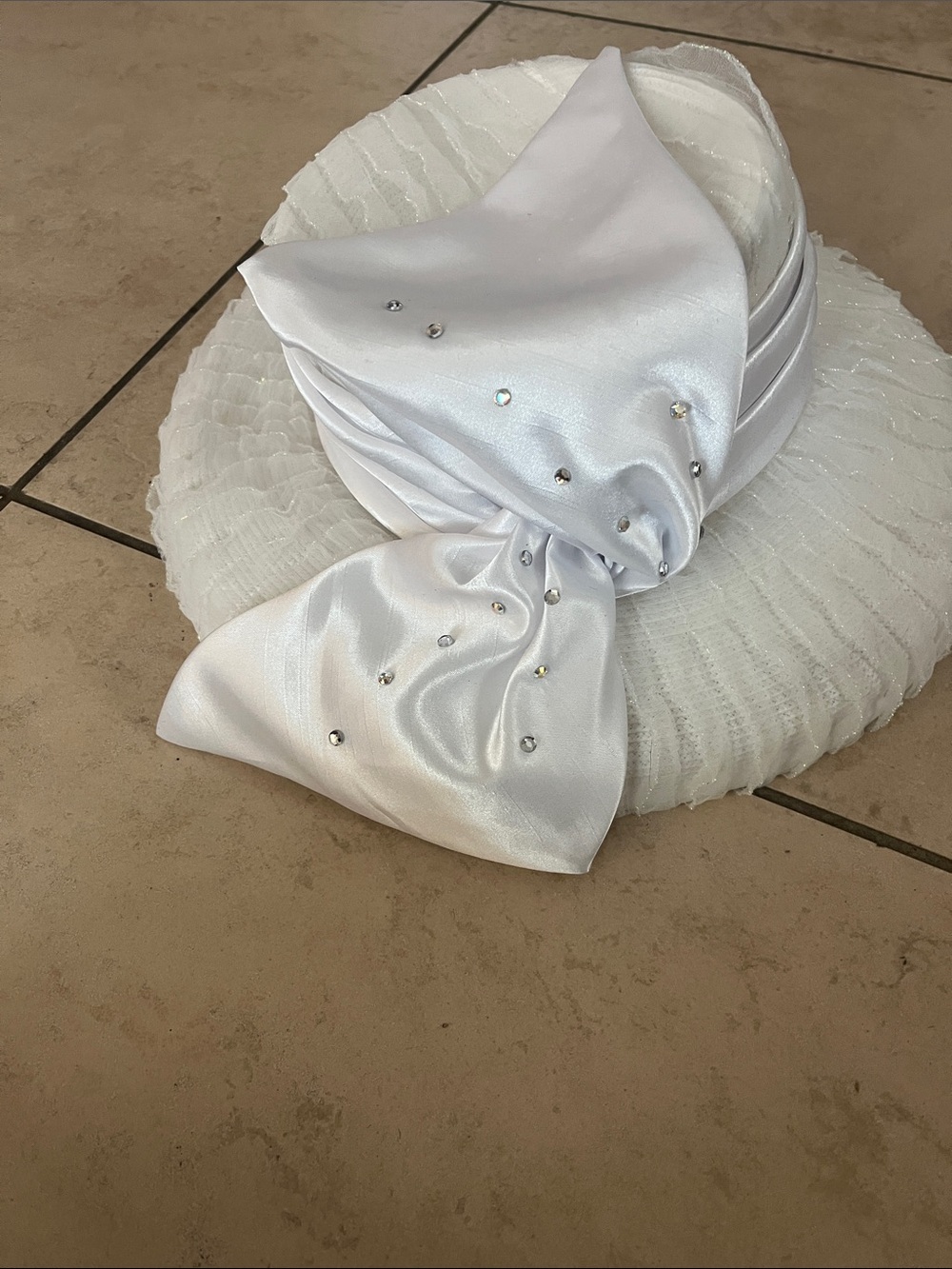 Vintage White Satin looking Bow Hat with Rhinestone Accents